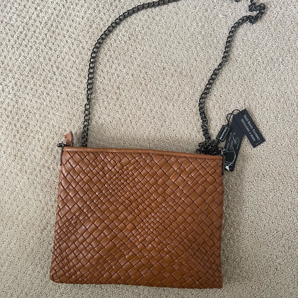 NWT Falor Italia: Brown Italian Woven Leather Chain Cross Body